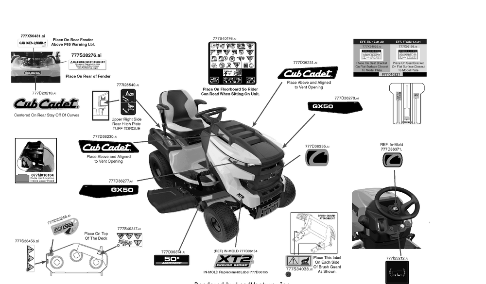 Label Map Diagram and Parts List for XT2-GX50KW (14AIA3TLA10)(2021) Cub Cadet Lawn Tractor